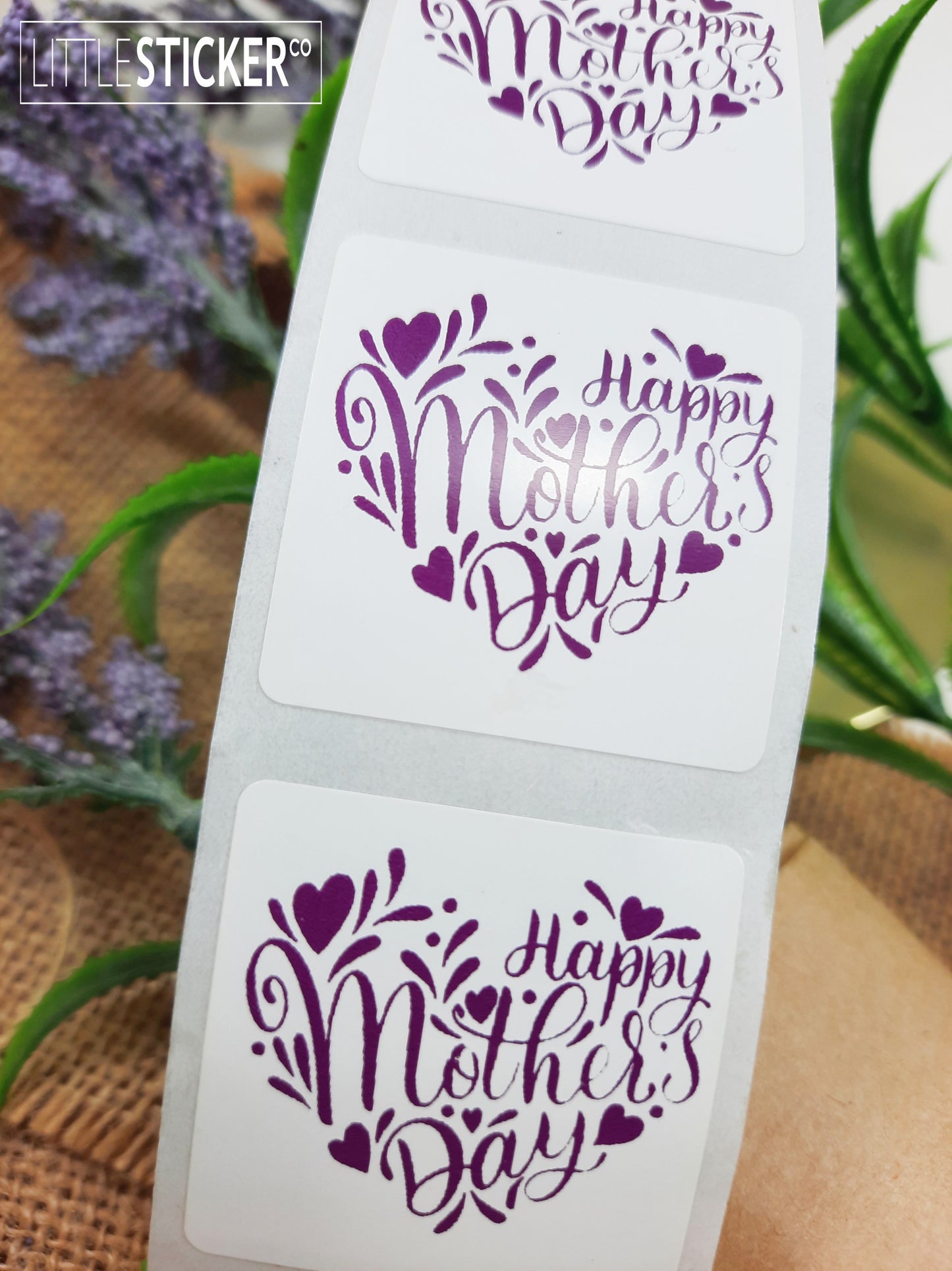 Happy Mother's Day stickers. 35mm square white gloss stickers with Purple text, hearts and swirls