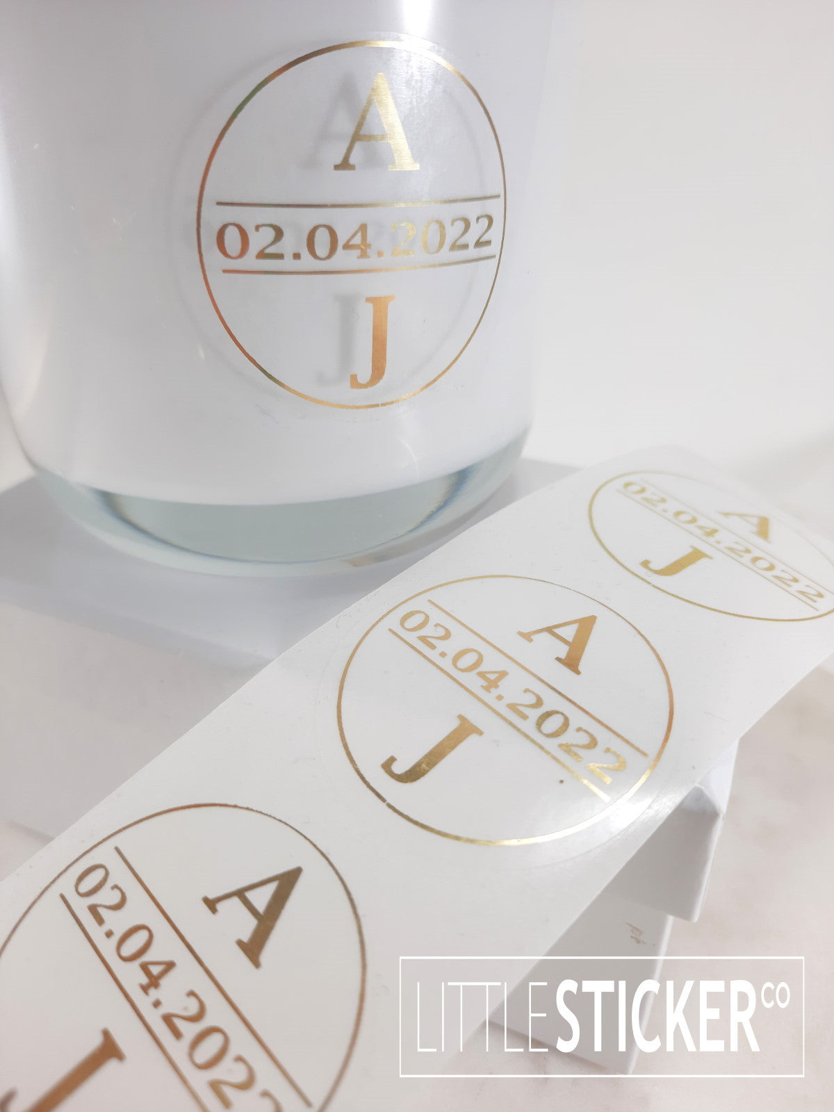 Wedding stickers. Minimalist design, plain circle border with personalised initials and date. Choose colour and size