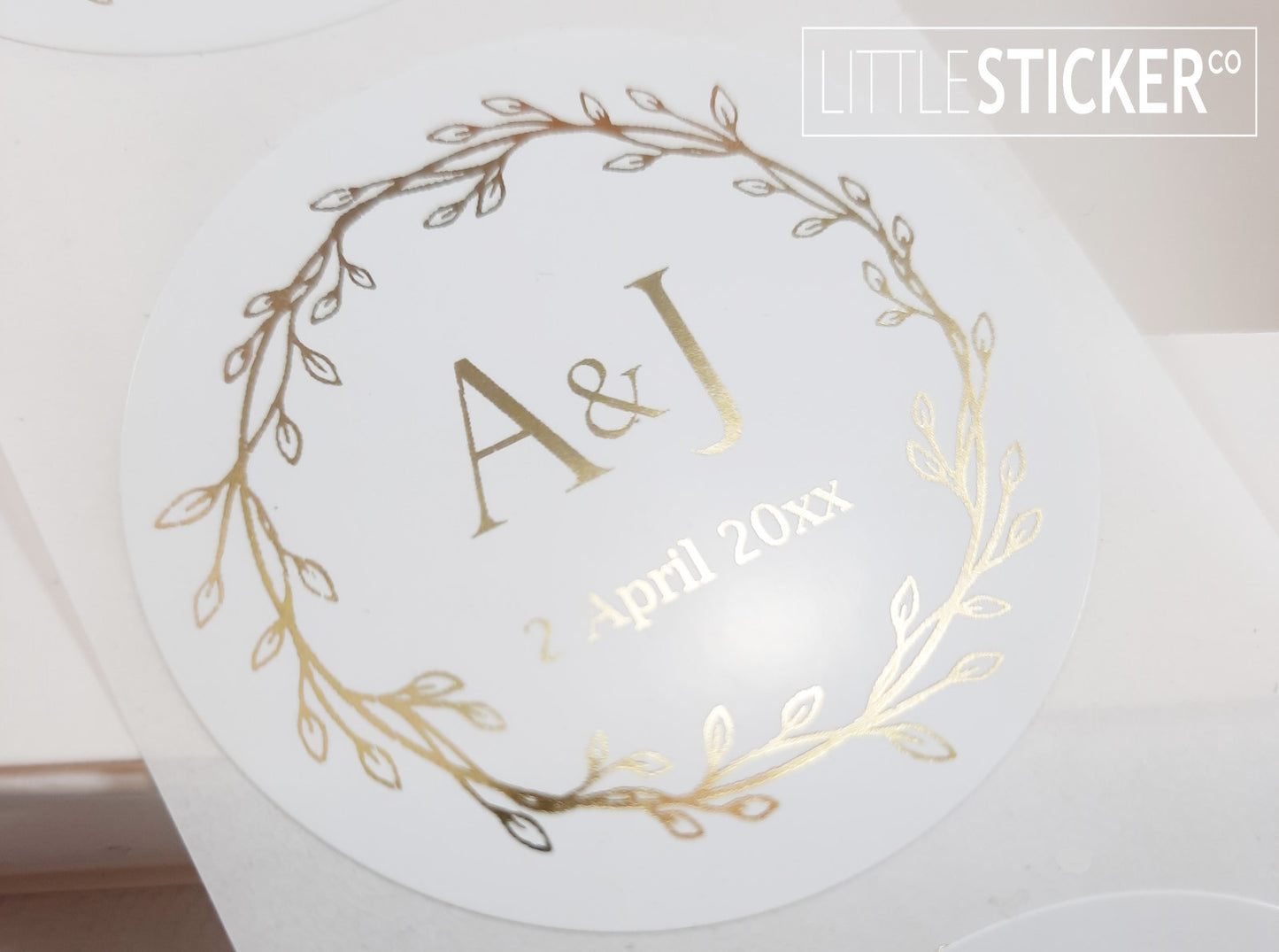 Wedding stickers, wreath design, 50mm white circle stickers, personalised in Foil gold with your initials & date