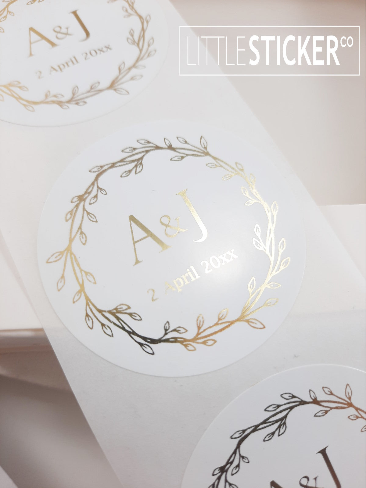 Wedding stickers, wreath design, 50mm white circle stickers, personalised in Foil gold with your initials & date