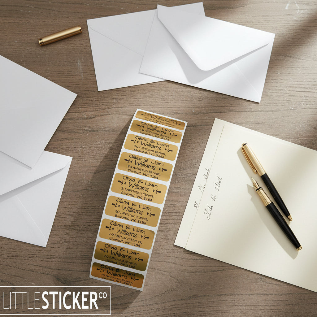 Little Sticker Co's Monthly Offer: Order before 31st March - Gold rectangle stickers , custom printed with your text. Sticker size = 50mmX20mm (5x2cm), choose quantity below