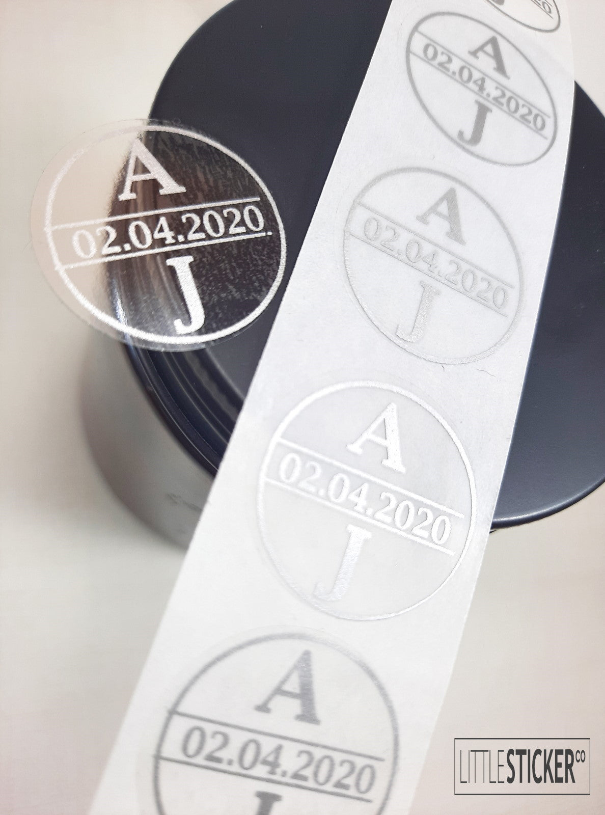 Wedding stickers. Minimalist design, plain circle border with personalised initials and date. Choose colour and size