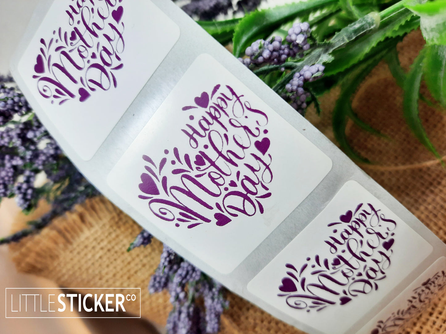 Happy Mother's Day stickers. 35mm square white gloss stickers with Purple text, hearts and swirls