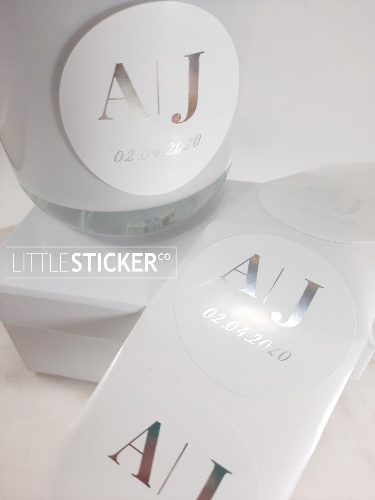 Wedding stickers - simple yet formal design. Personalise with your initials & date.  Choose your sticker shape and colour!