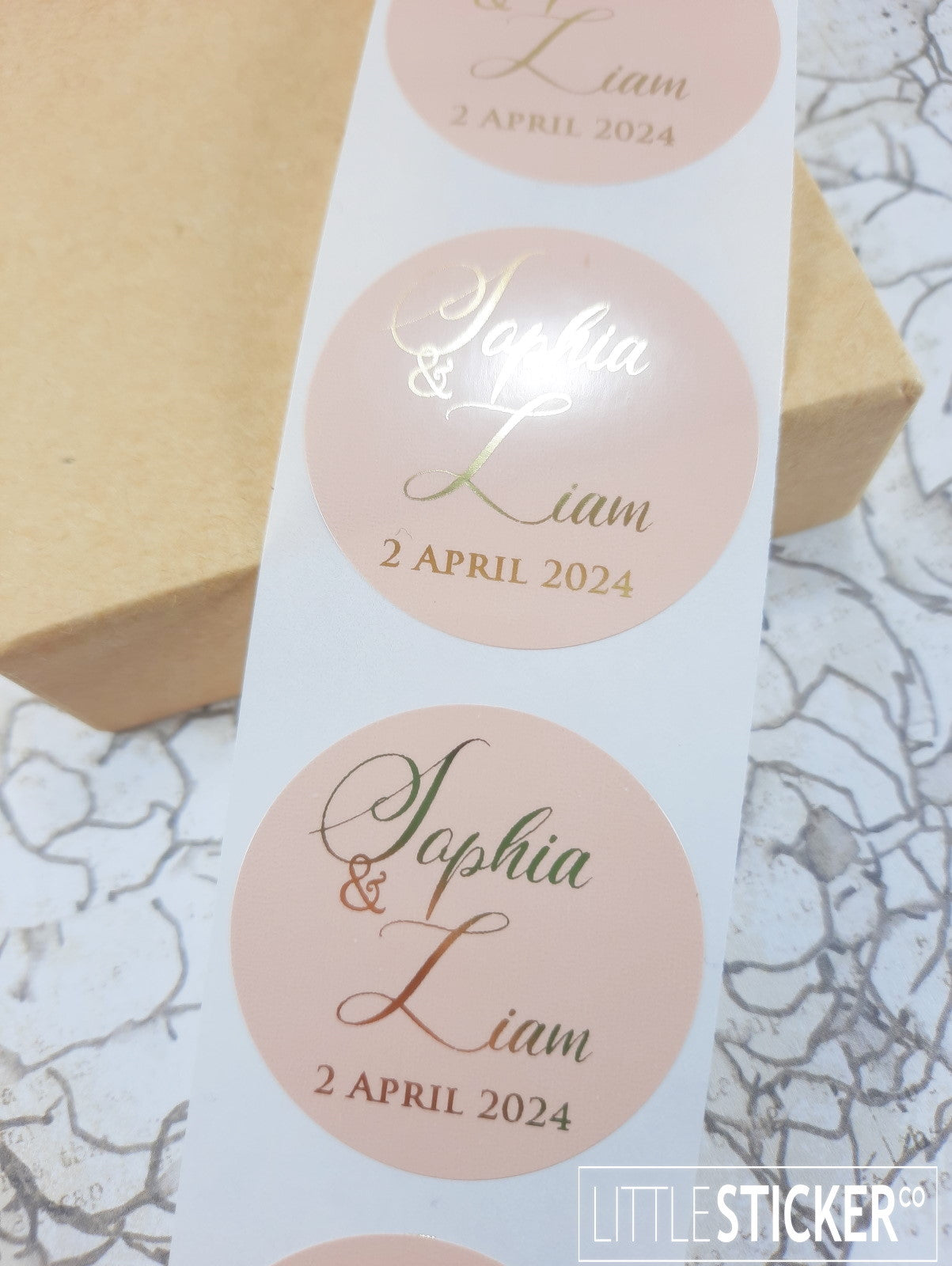 Little Sticker Co custom printed stickers. Print your logo text or graphic on these Pink buff 40mm gloss circle stickers. Choose one print colour: silver, gold, black or white. Provide your own design to print or ask Little Sticker Co for design assistance.