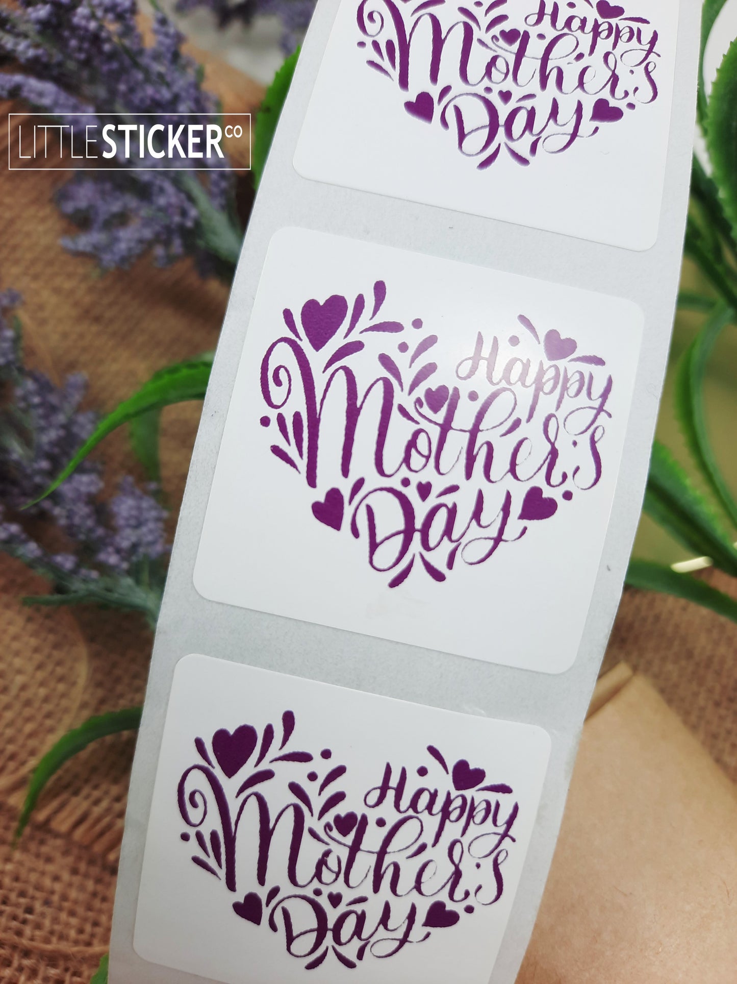Happy Mother's Day stickers. 35mm square white gloss stickers with Purple text, hearts and swirls