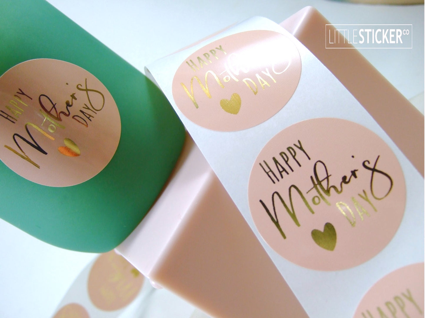 Happy Mother's Day stickers. 40mm round Pink Buff stickers with Foil Gold text and heart