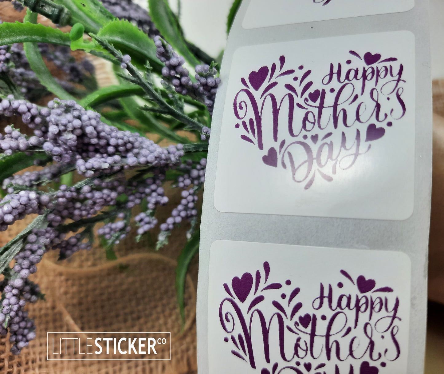 Happy Mother's Day stickers. 35mm square white gloss stickers with Purple text, hearts and swirls