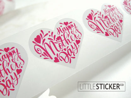 Happy Mother's Day stickers. 35x30mm Heart gloss white with magenta text