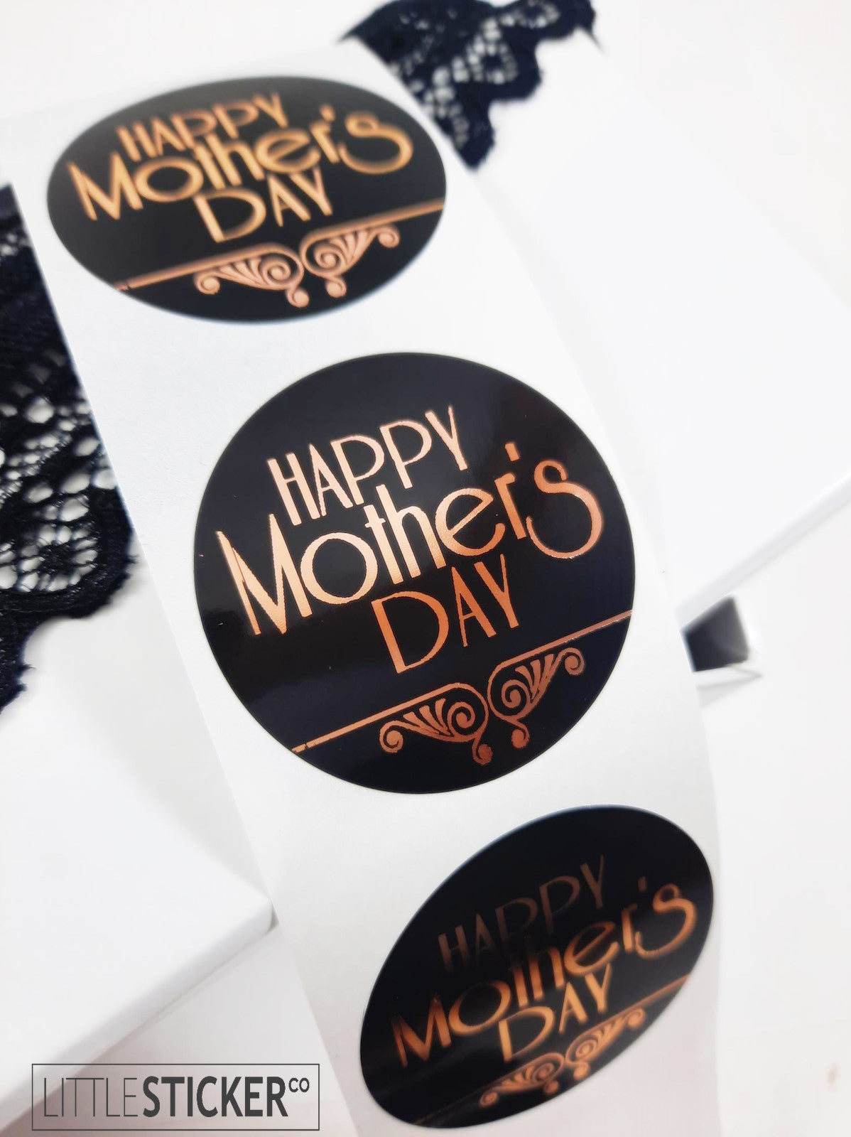 Happy Mother's Day stickers. 40mm round gloss black with Foil rose gold Art deco design and text