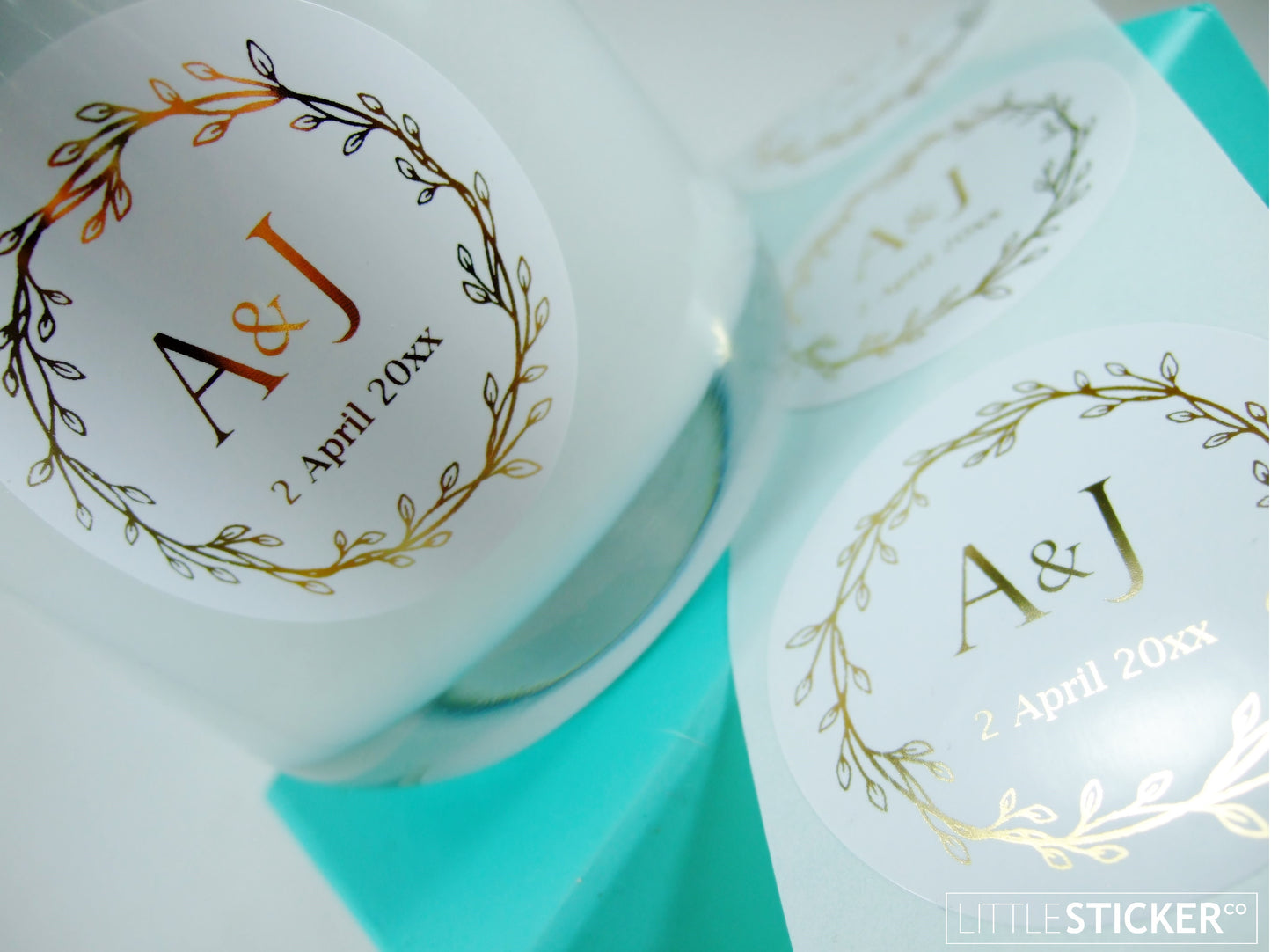 Wedding stickers, wreath design, 50mm white circle stickers, personalised in Foil gold with your initials & date