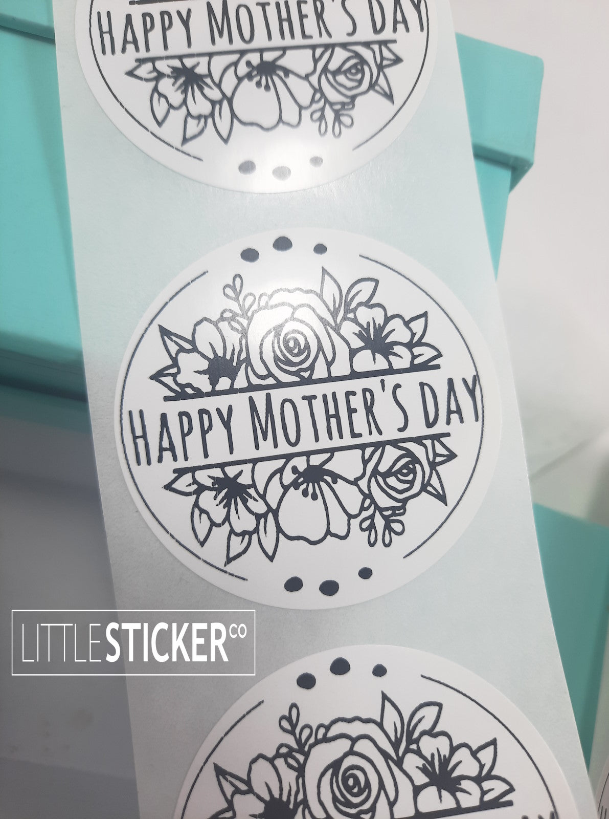 Happy Mother's Day stickers. 50mm round white gloss stickers with floral design