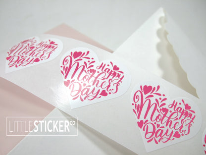 Happy Mother's Day stickers. 35x30mm Heart gloss white with magenta text