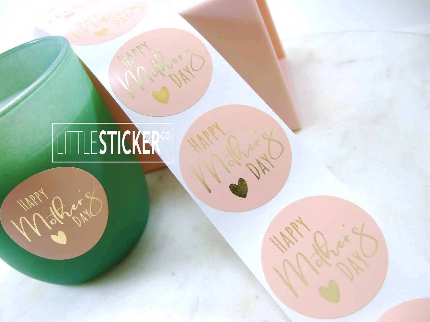 Happy Mother's Day stickers. 40mm round Pink Buff stickers with Foil Gold text and heart