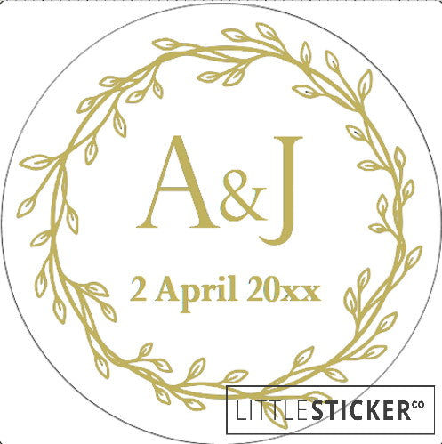 Wedding stickers, wreath design, 50mm white circle stickers, personalised in Foil gold with your initials & date