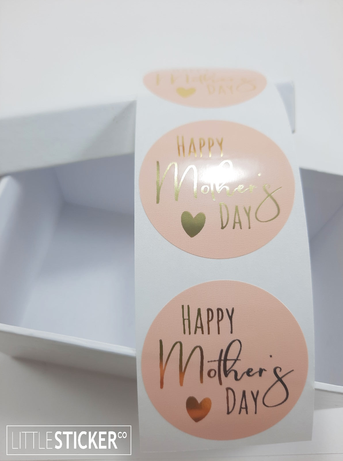 Happy Mother's Day stickers. 40mm round Pink Buff stickers with Foil Gold text and heart