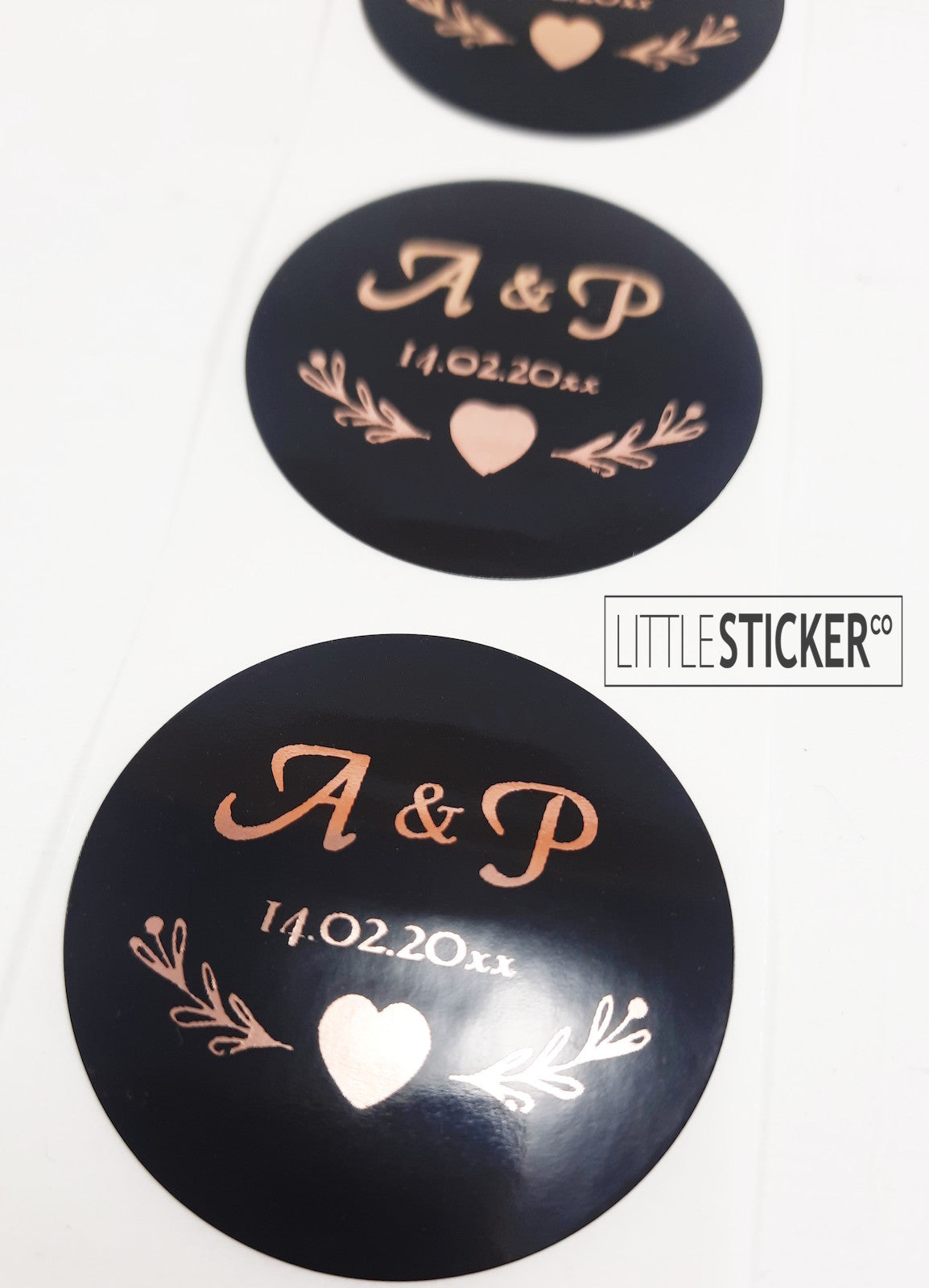 Wedding stickers. Heart and Leaf design, personalised initials and date. Choose sticker size & colour