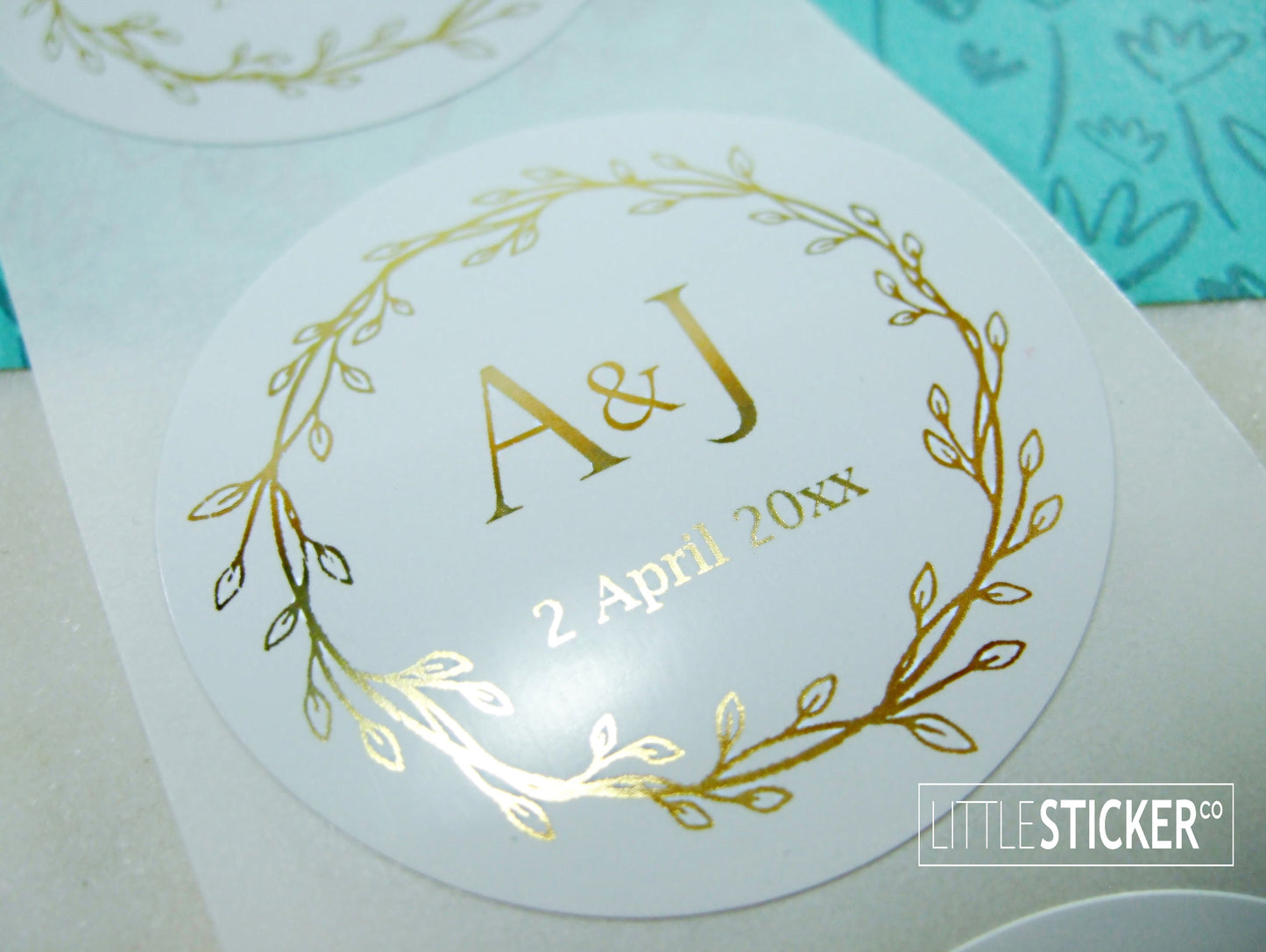 Wedding stickers, wreath design, 50mm white circle stickers, personalised in Foil gold with your initials & date