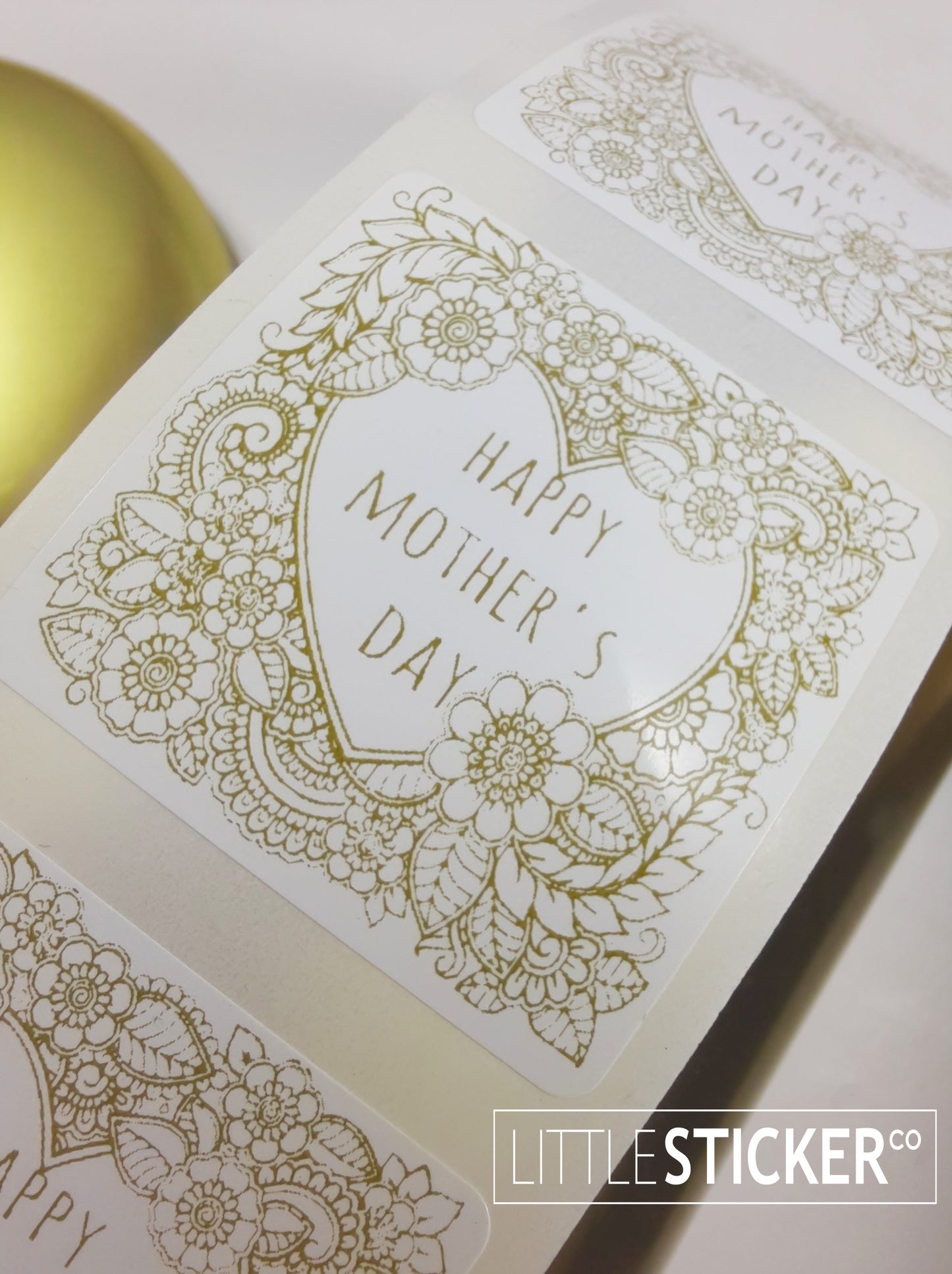 Happy Mother's Day stickers. 35mm square white gloss stickers with Olive green text and floral heart