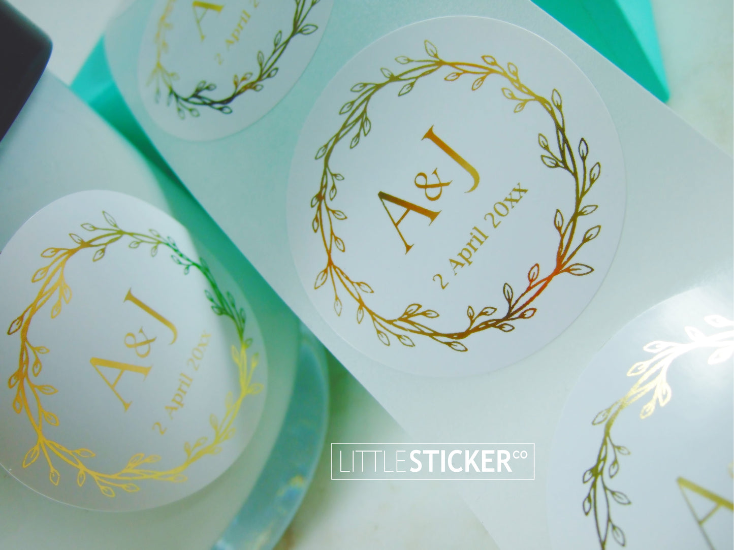Wedding stickers, wreath design, 50mm white circle stickers, personalised in Foil gold with your initials & date