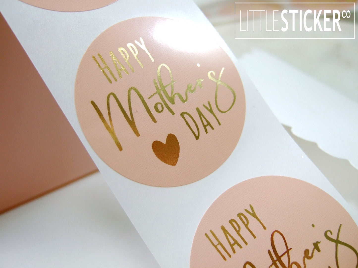 Happy Mother's Day stickers. 40mm round Pink Buff stickers with Foil Gold text and heart