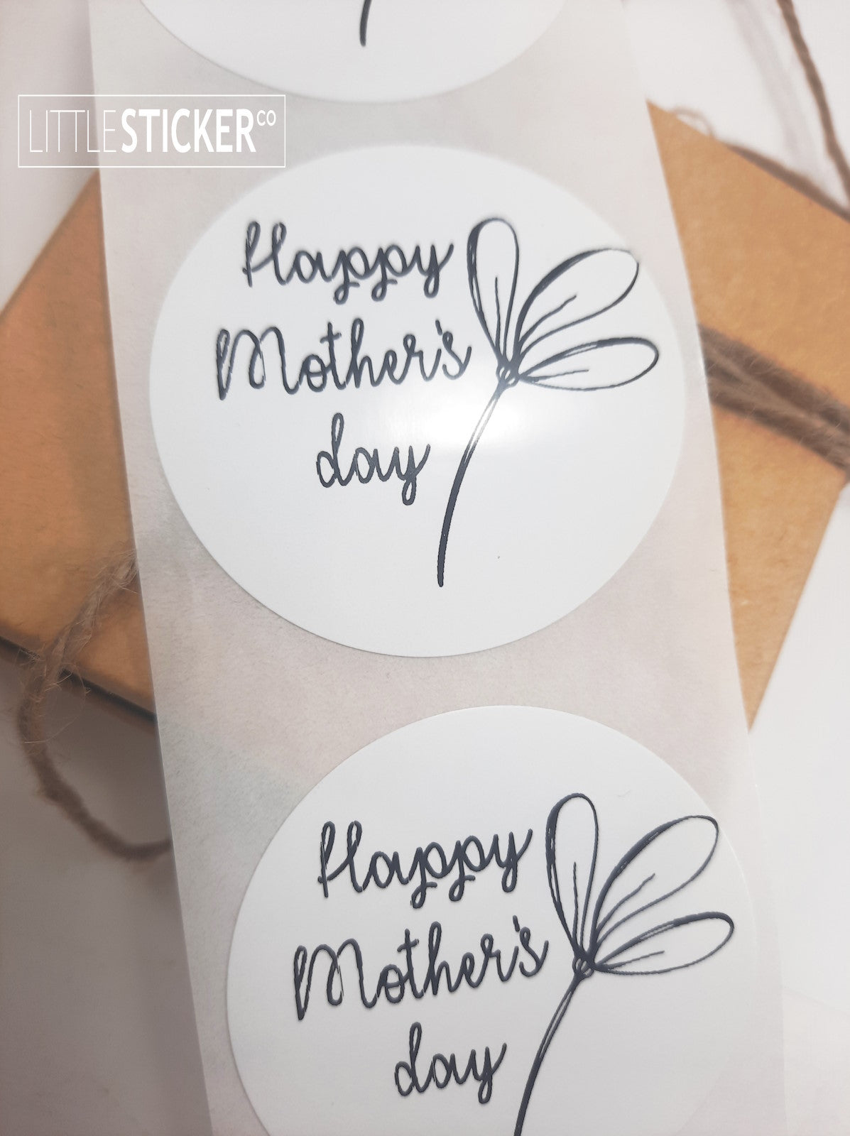 Happy Mother's Day stickers. 50mm round white gloss stickers with sweet and simple flower design