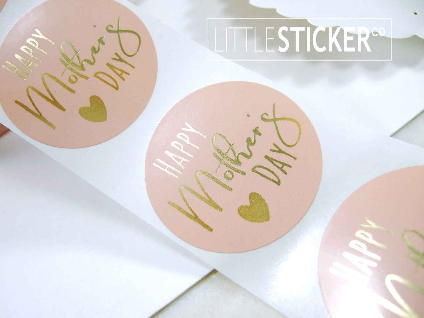 Happy Mother's Day stickers. 40mm round Pink Buff stickers with Foil Gold text and heart