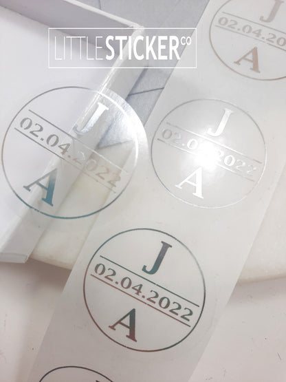 Wedding stickers. Minimalist design, plain circle border with personalised initials and date. Choose colour and size