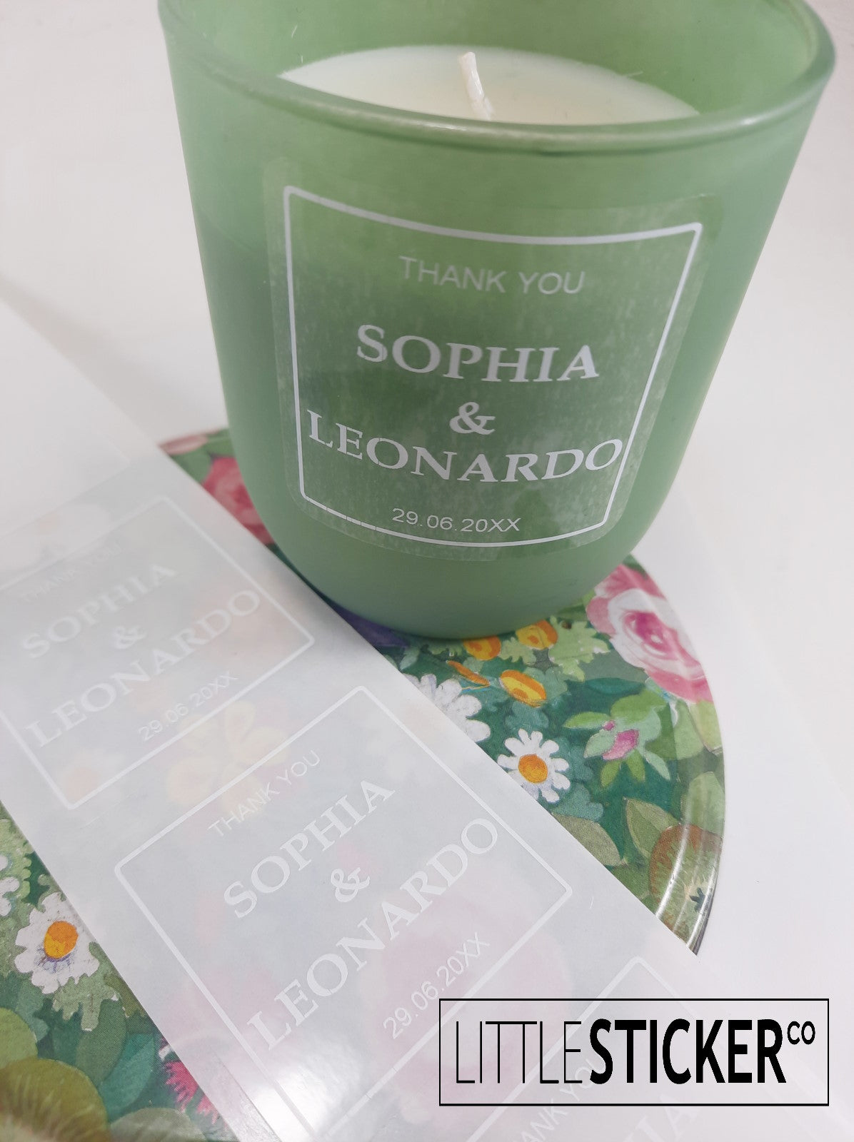 Minimalist and Chic design, clear stickers with white print, 50mm square. Personalised with your text.