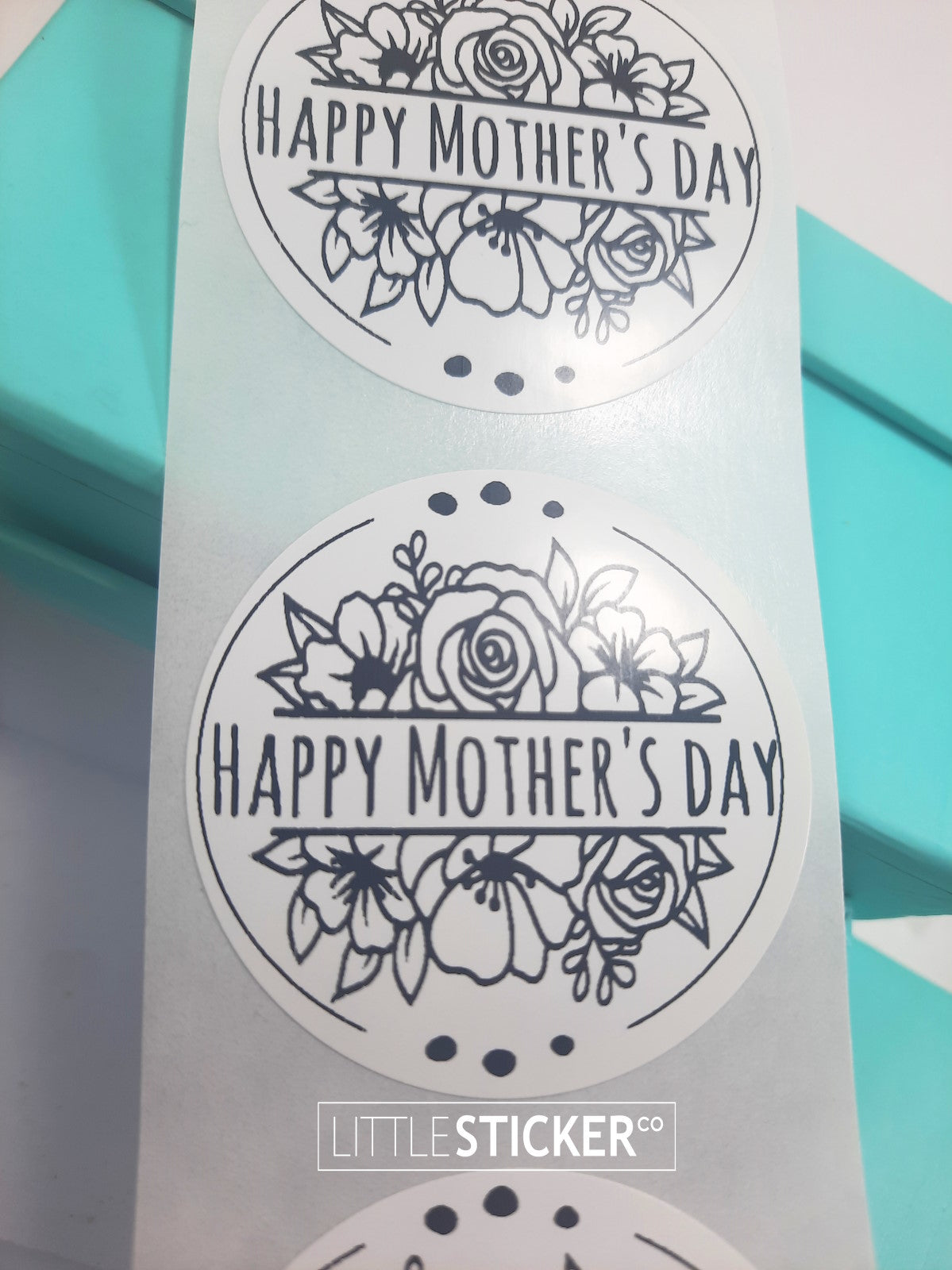 Happy Mother's Day stickers. 50mm round white gloss stickers with floral design