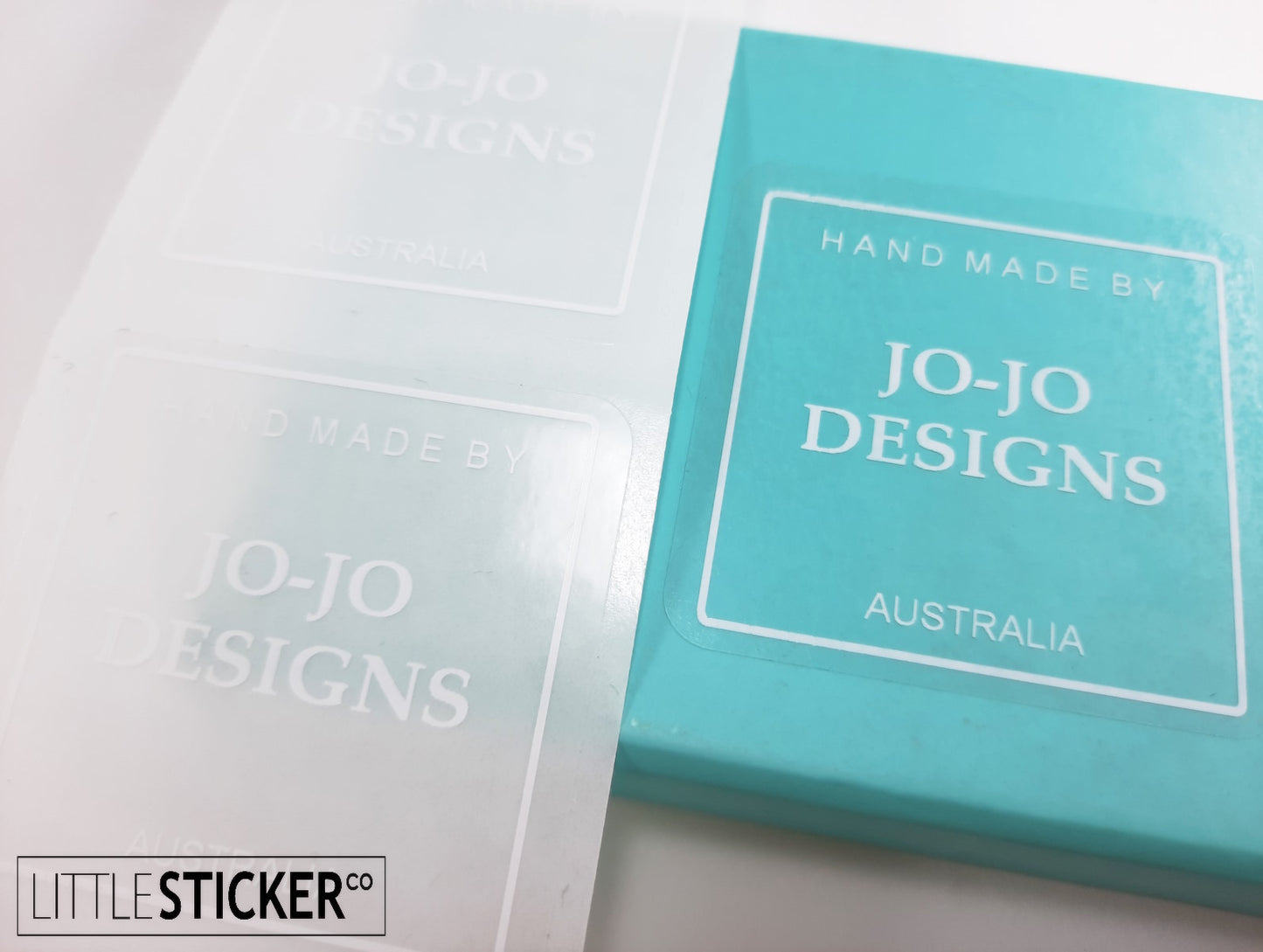 Minimalist and Chic design, clear stickers with white print, 50mm square. Personalised with your text.