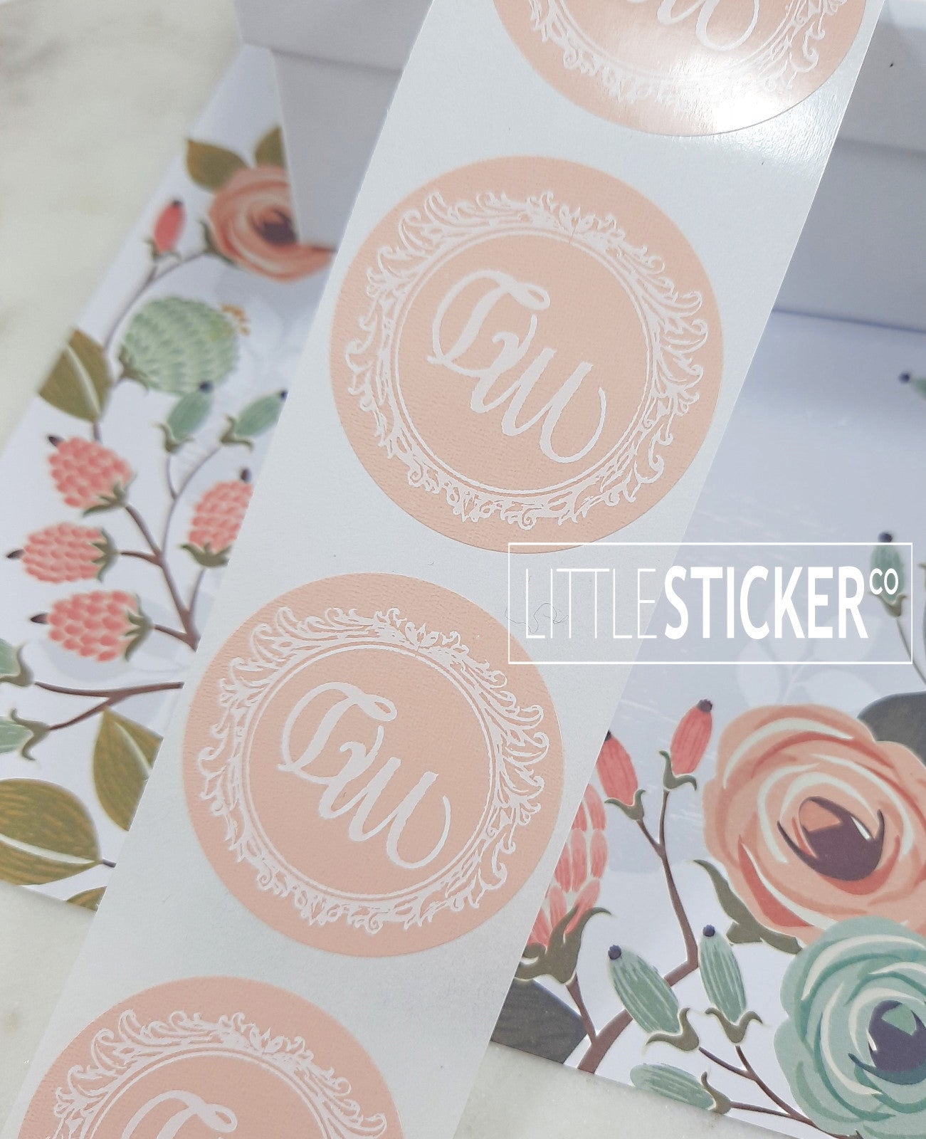 Little Sticker Co custom printed stickers. Print your logo text or graphic on these Pink buff 40mm gloss circle stickers. Choose one print colour: silver, gold, black or white. Provide your own design to print or ask Little Sticker Co for design assistance.