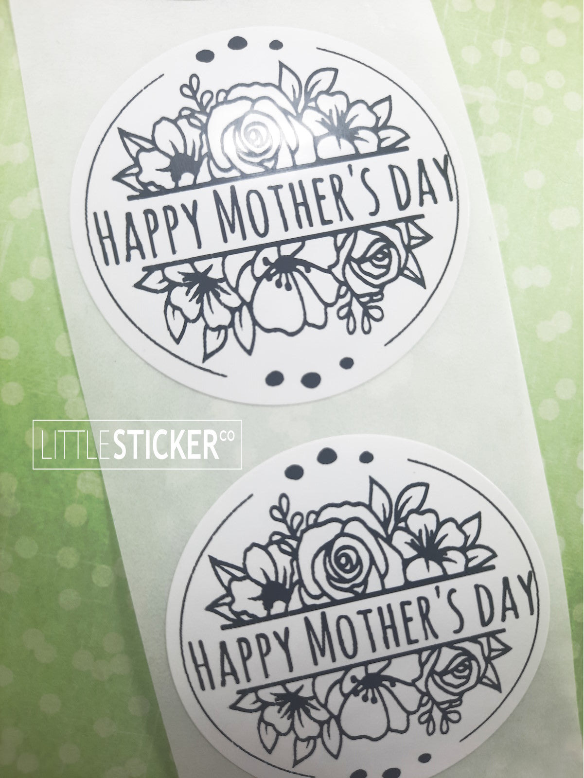 Happy Mother's Day stickers. 50mm round white gloss stickers with floral design