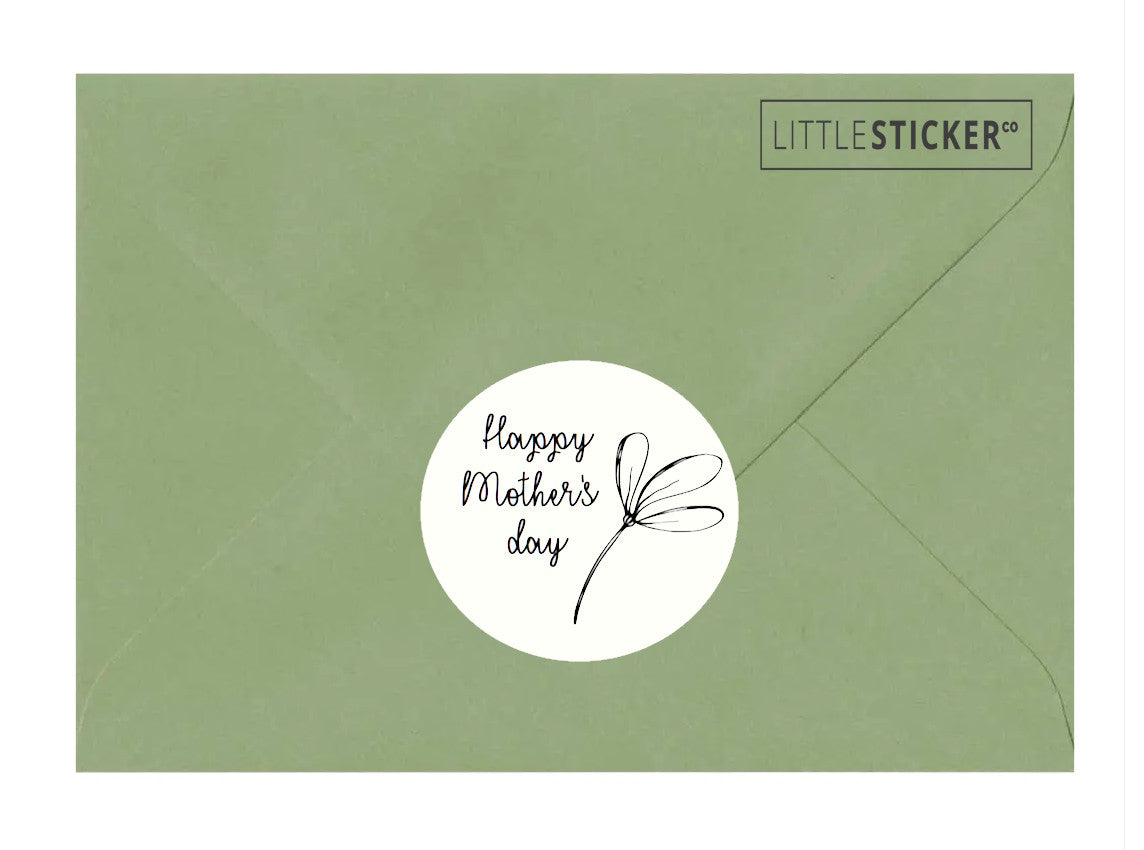 Happy Mother's Day stickers. 50mm round white gloss stickers with sweet and simple flower design