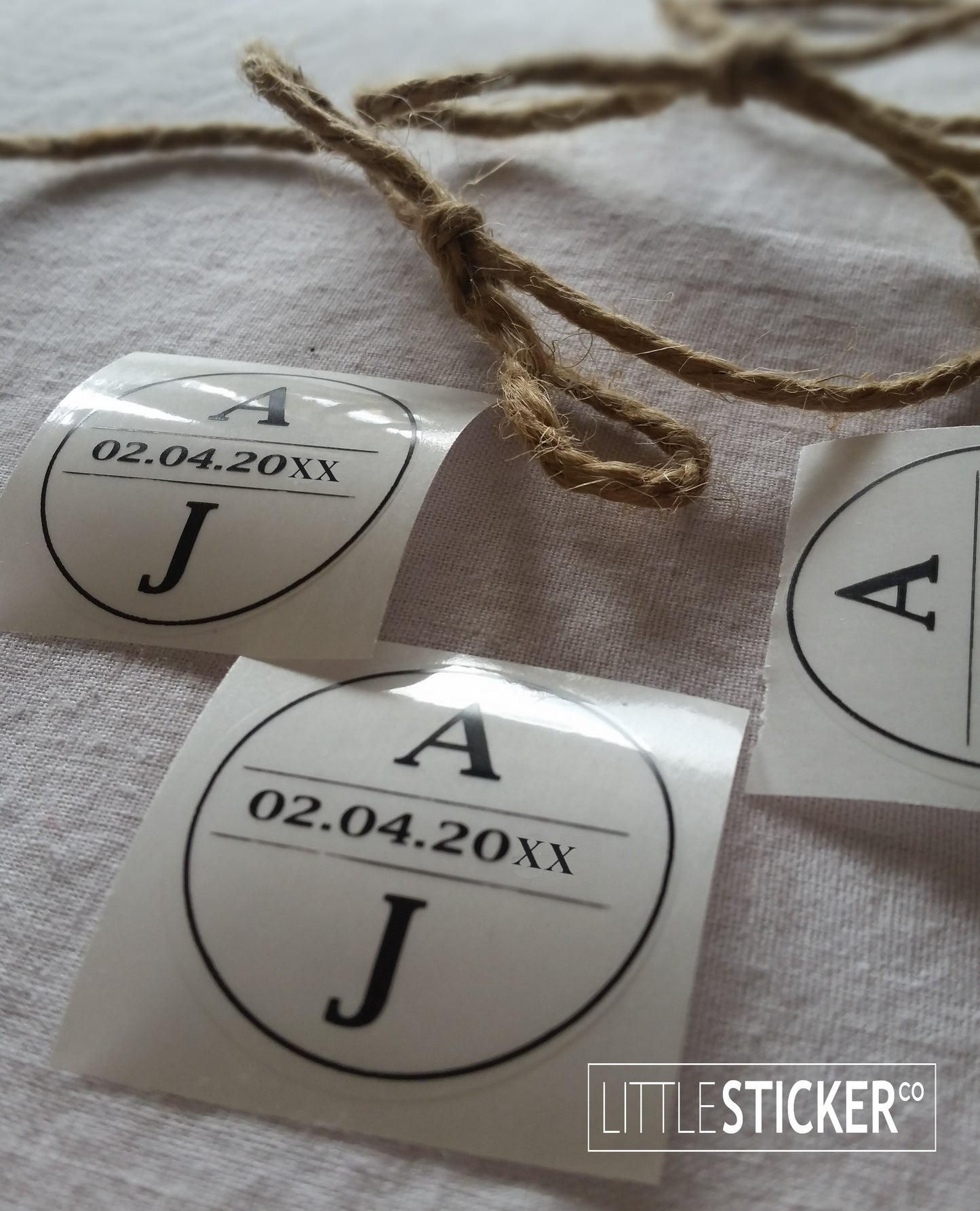 Wedding stickers. Minimalist design, plain circle border with personalised initials and date. Choose colour and size