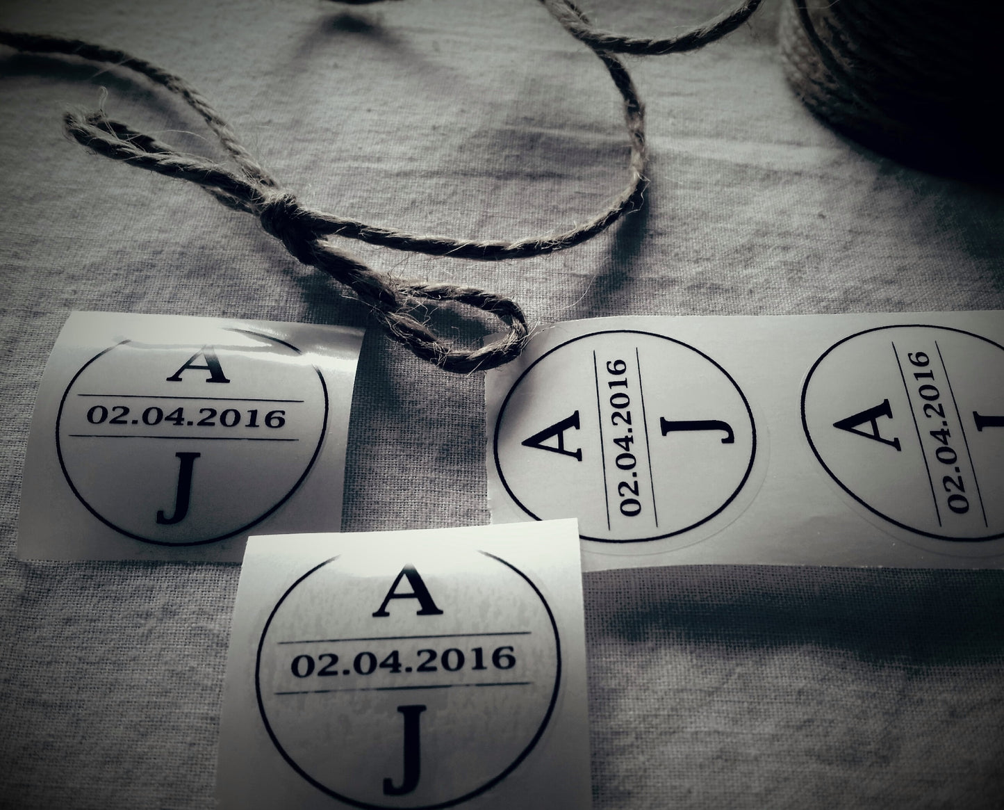 Wedding stickers. Minimalist design, plain circle border with personalised initials and date. Choose colour and size