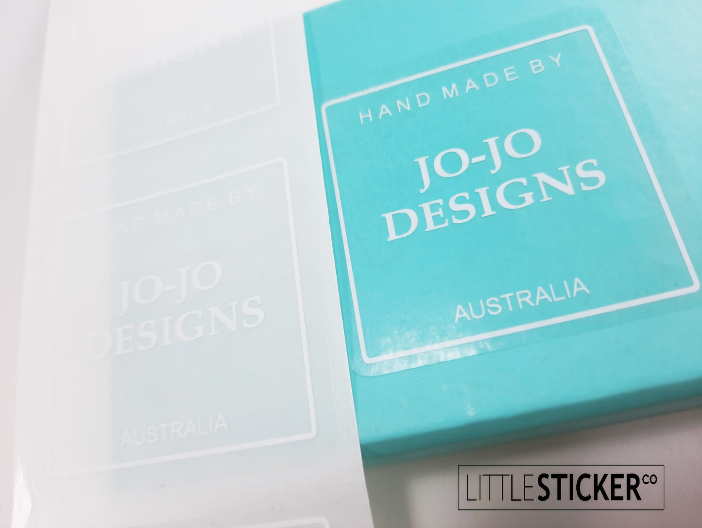 Minimalist and Chic design, clear stickers with white print, 50mm square. Personalised with your text.
