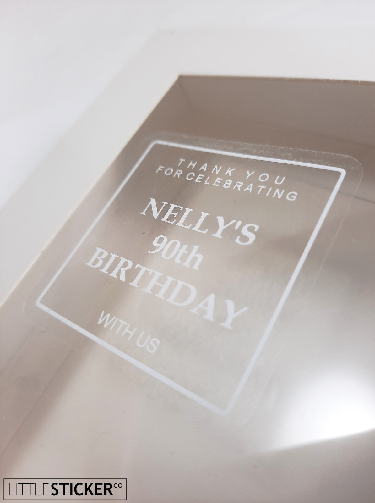 Minimalist and Chic design, clear stickers with white print, 50mm square. Personalised with your text.