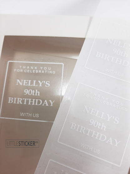 Minimalist and Chic design, clear stickers with white print, 50mm square. Personalised with your text.