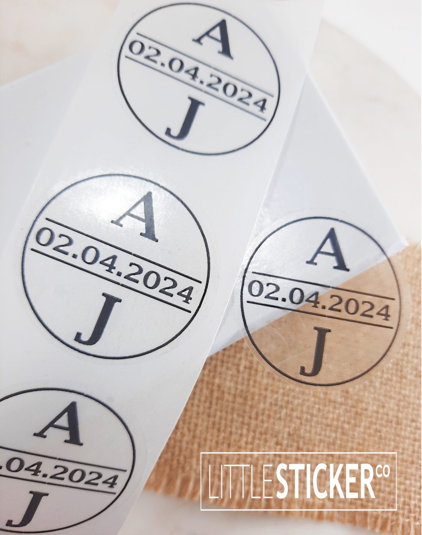 Wedding stickers. Minimalist design, plain circle border with personalised initials and date. Choose colour and size