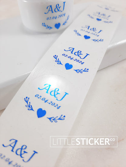 Wedding stickers. Heart and Leaf design, personalised initials and date. Choose sticker size & colour