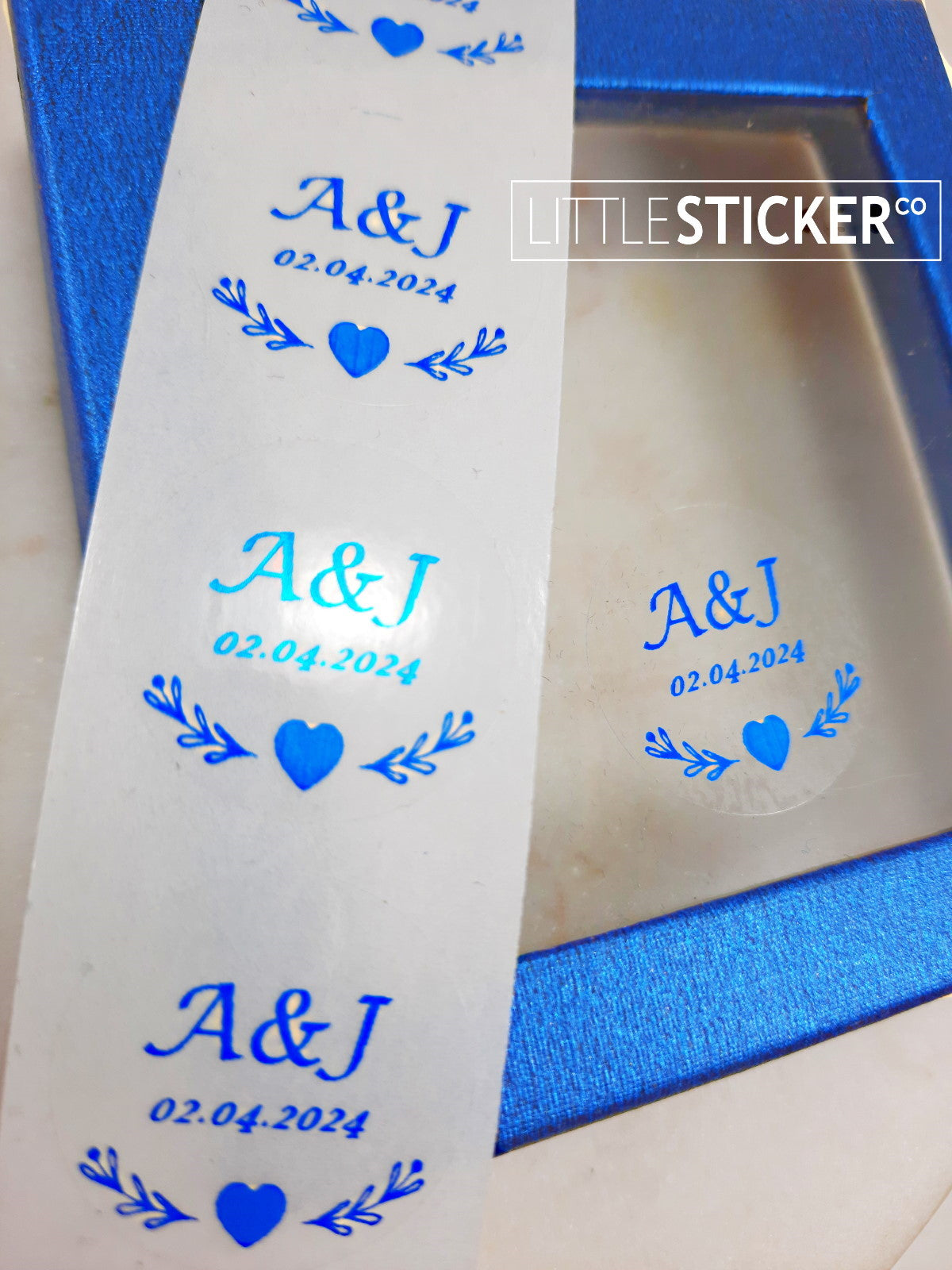 Wedding stickers. Heart and Leaf design, personalised initials and date. Choose sticker size & colour