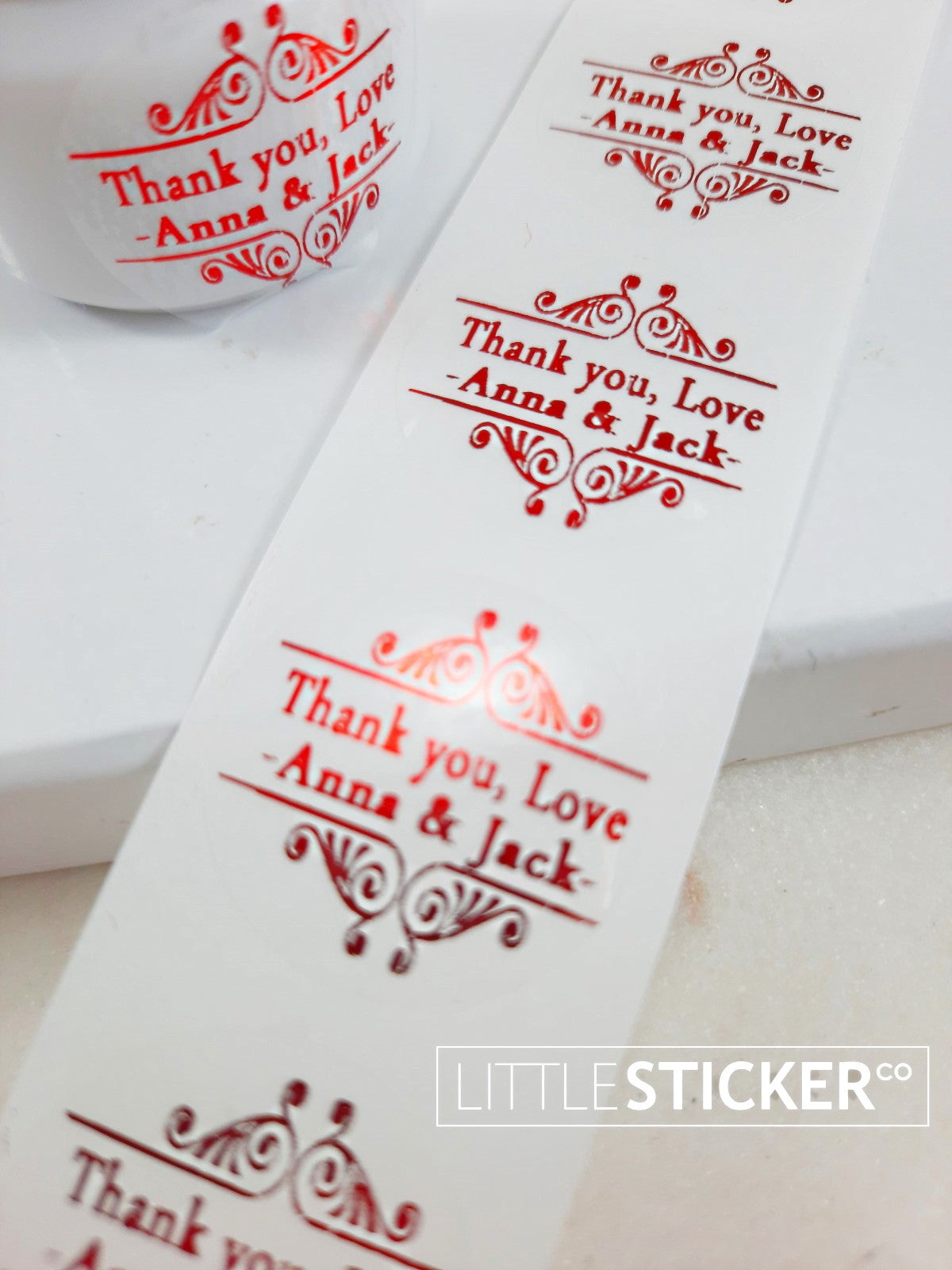 Thank you stickers. Art Deco design, personalised names and text. Choose colour and size!