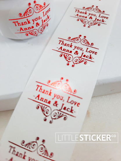 Thank you stickers. Art Deco design, personalised names and text. Choose colour and size!