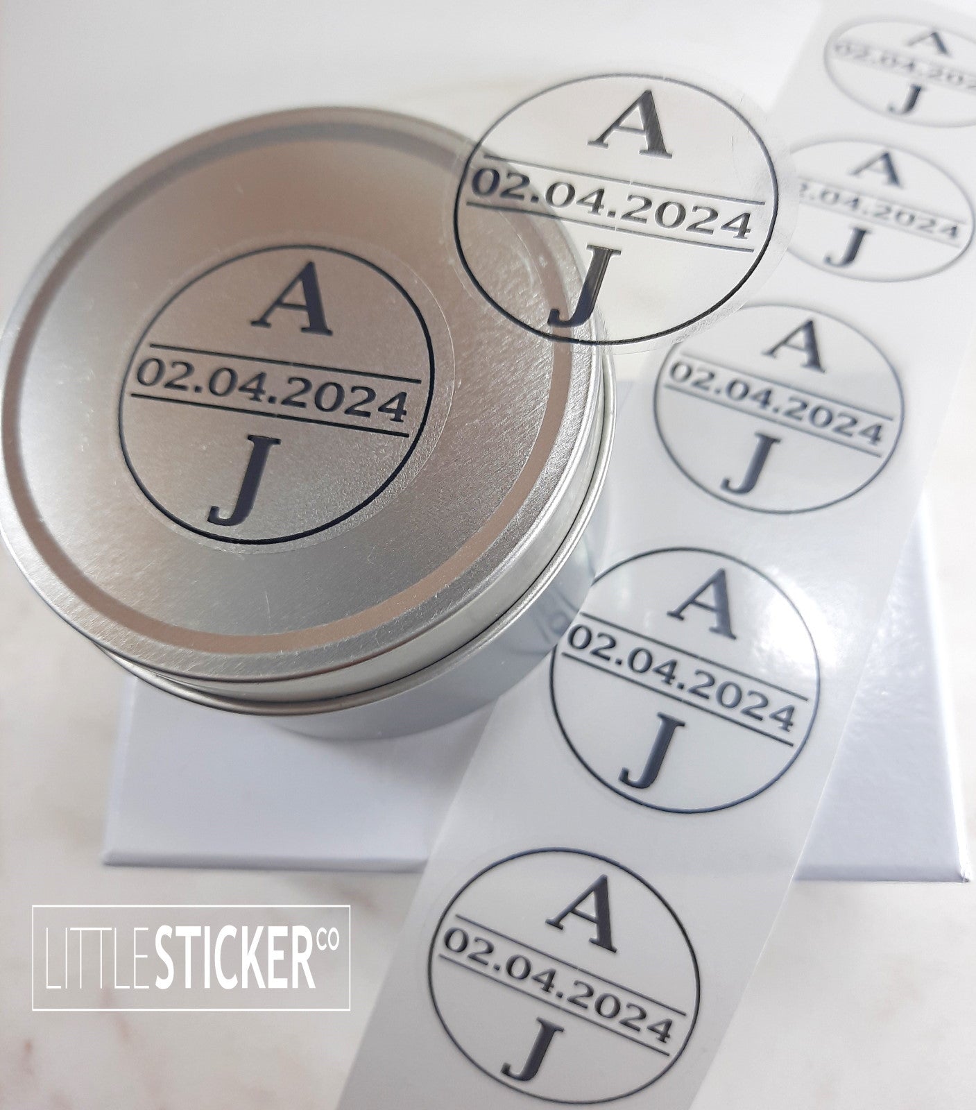 Wedding stickers. Minimalist design, plain circle border with personalised initials and date. Choose colour and size