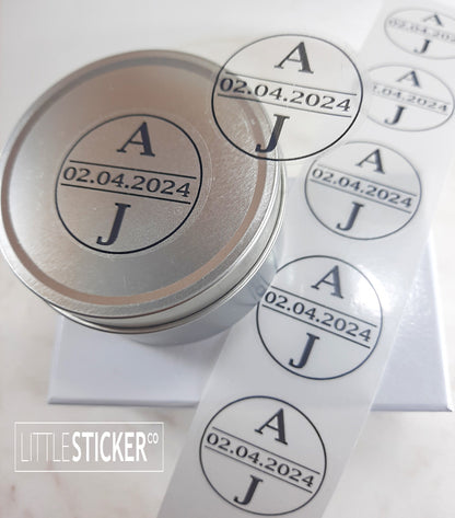 Wedding stickers. Minimalist design, plain circle border with personalised initials and date. Choose colour and size