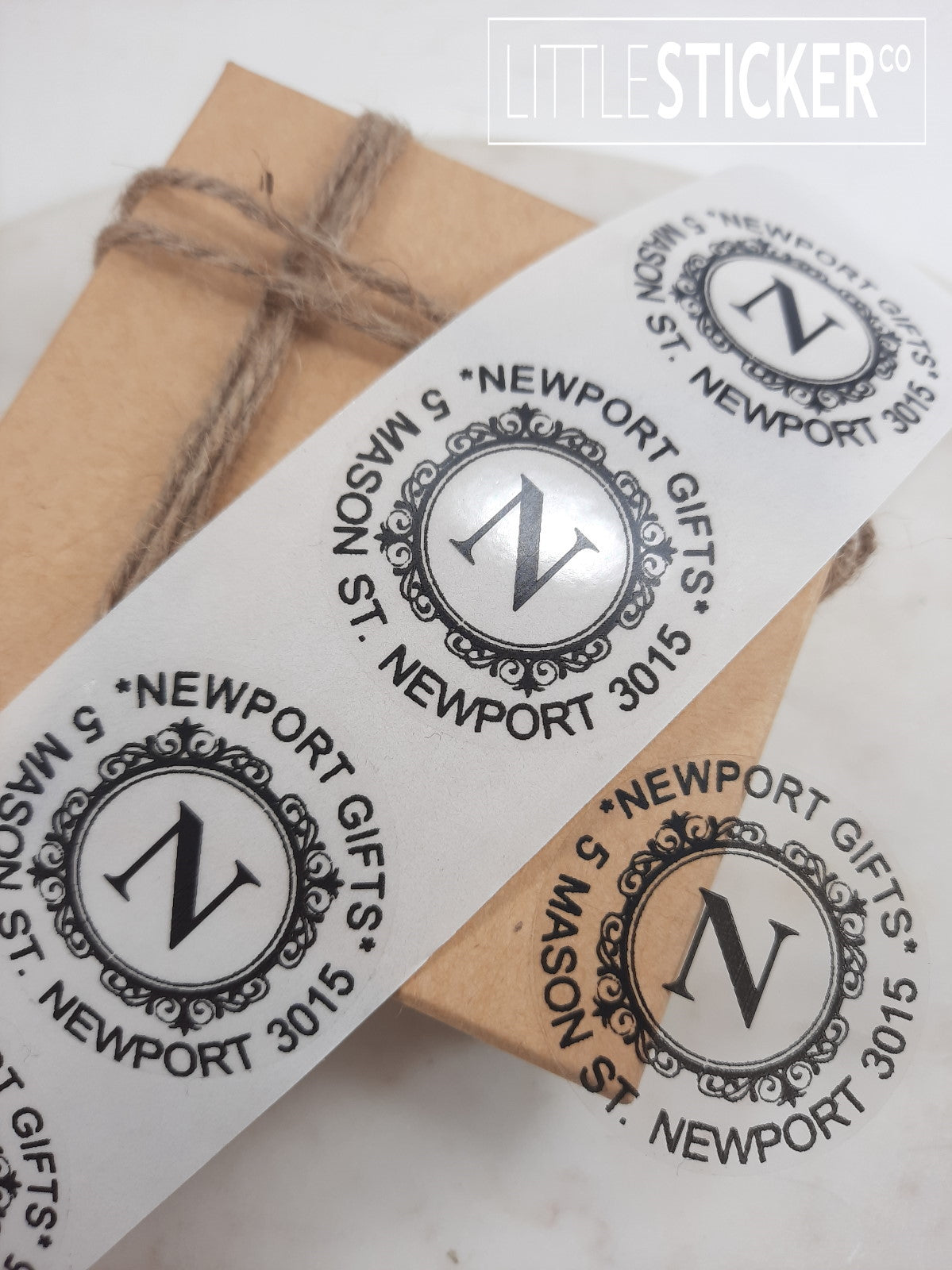 Business stickers or Family name stickers. Swirly circular design with personalised text. Choose colour and size!