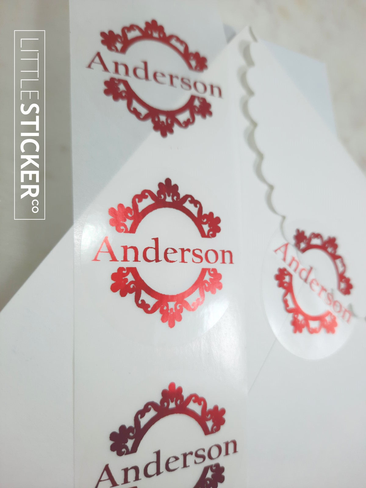 Business product stickers or name stickers. Baroque design with personalised text. Choose sticker colour and size!