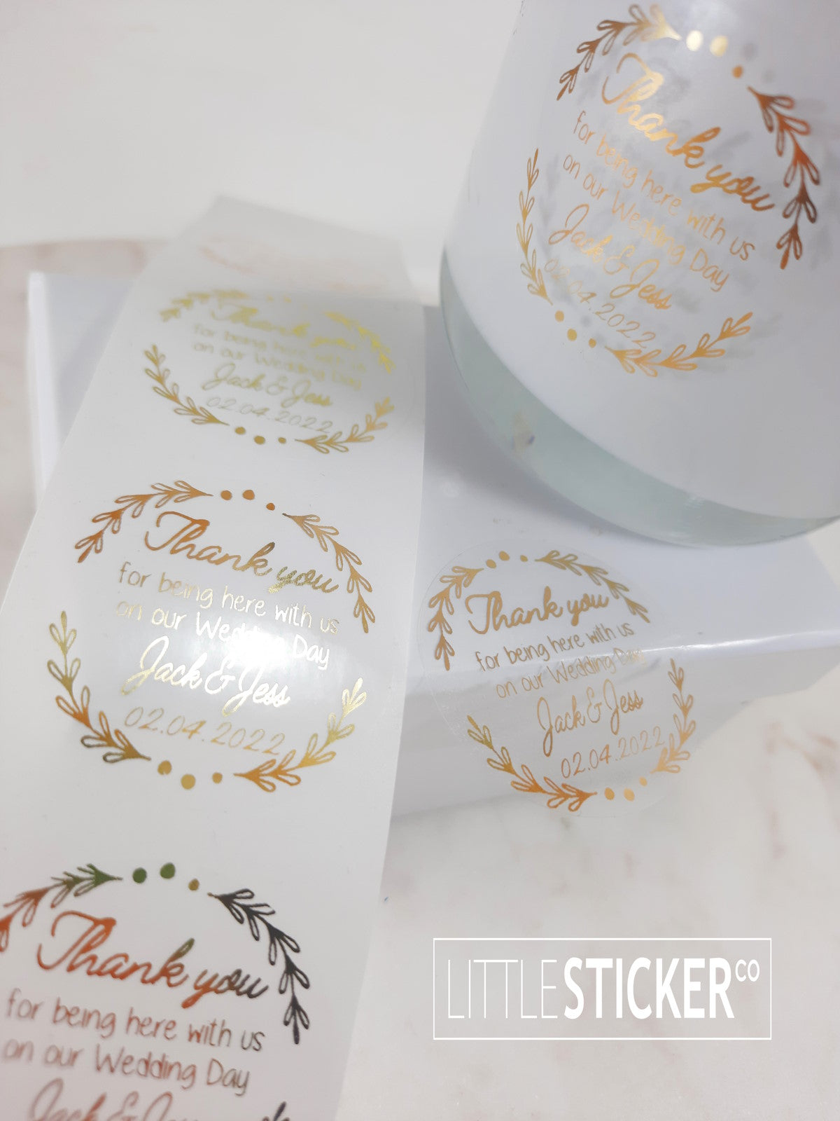 Thank you Wedding stickers. Botanical border with thank you message, personalised names and date. Choose colour and size
