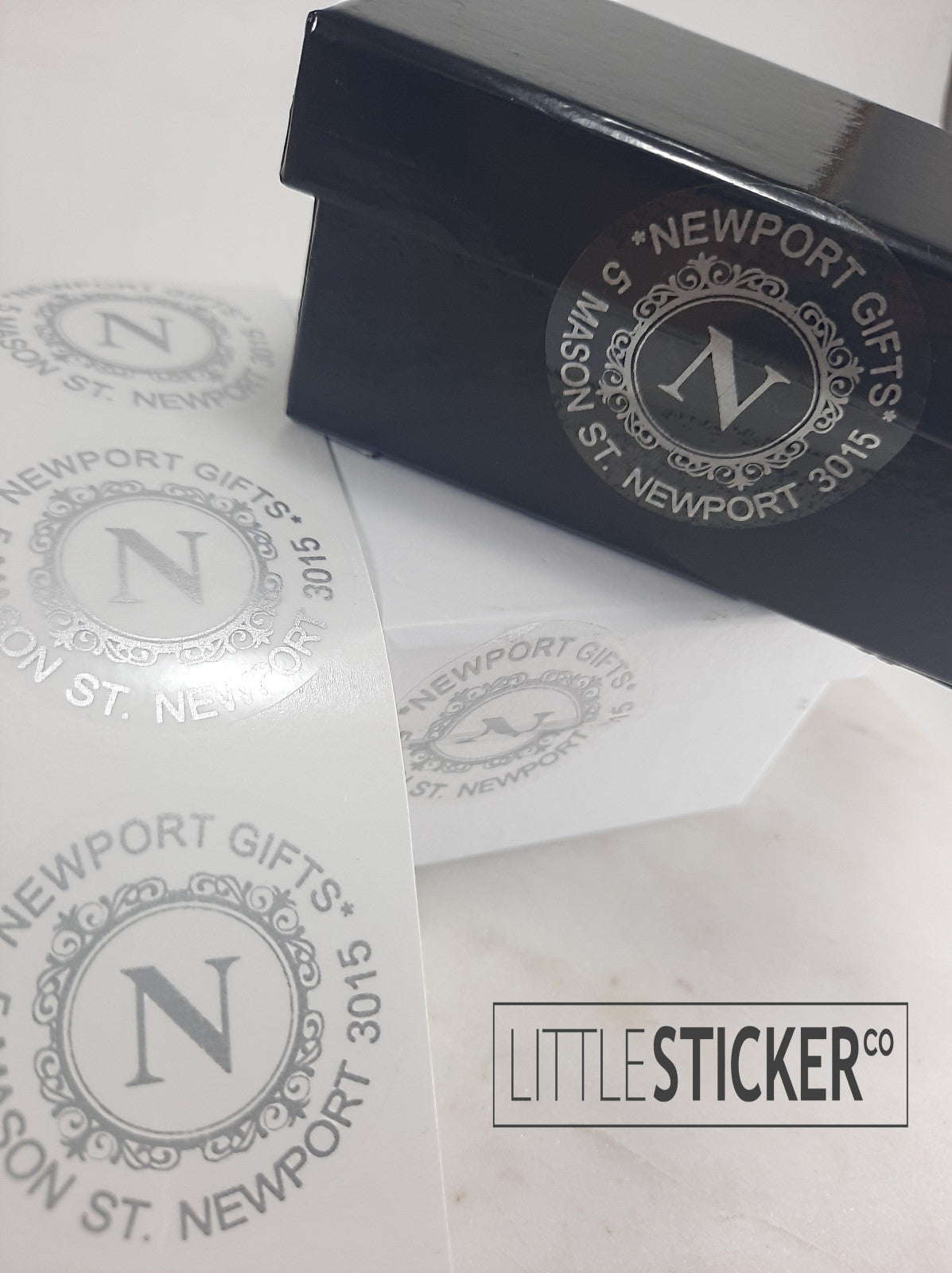 Business stickers or Family name stickers. Swirly circular design with personalised text. Choose colour and size!